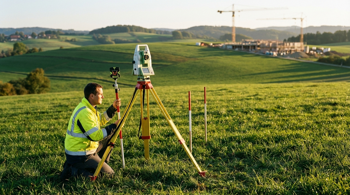 Vermessungsingenieur mit Tachymeter im Gelände